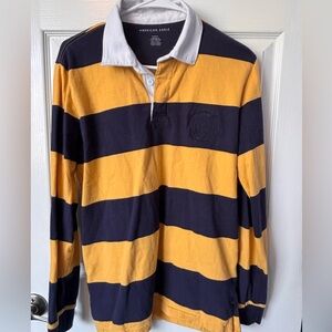 Men's American Eagle Navy & Gold Striped Rugby Shirt